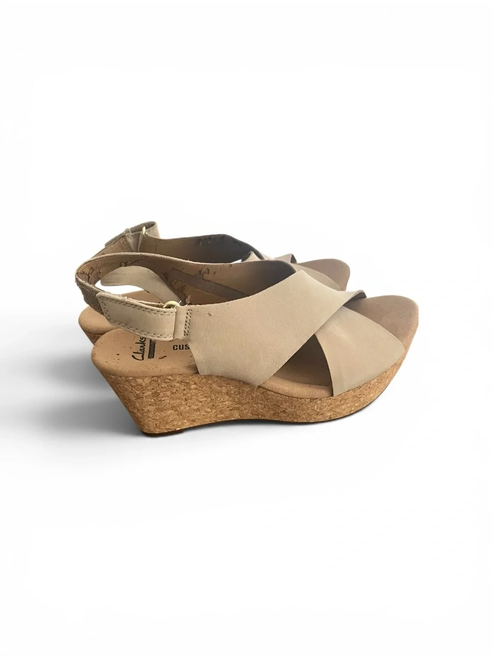 Clarks Beige Wedge Sandals Cushion Soft Flaked Lining Size 6.5
